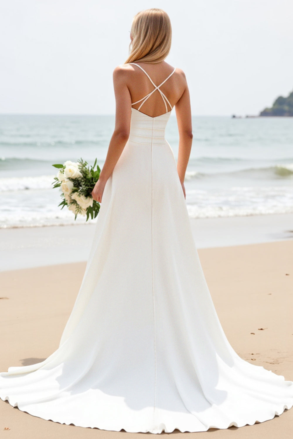 Simple White A-Line Spaghetti Straps Satin Long Bridal Dress