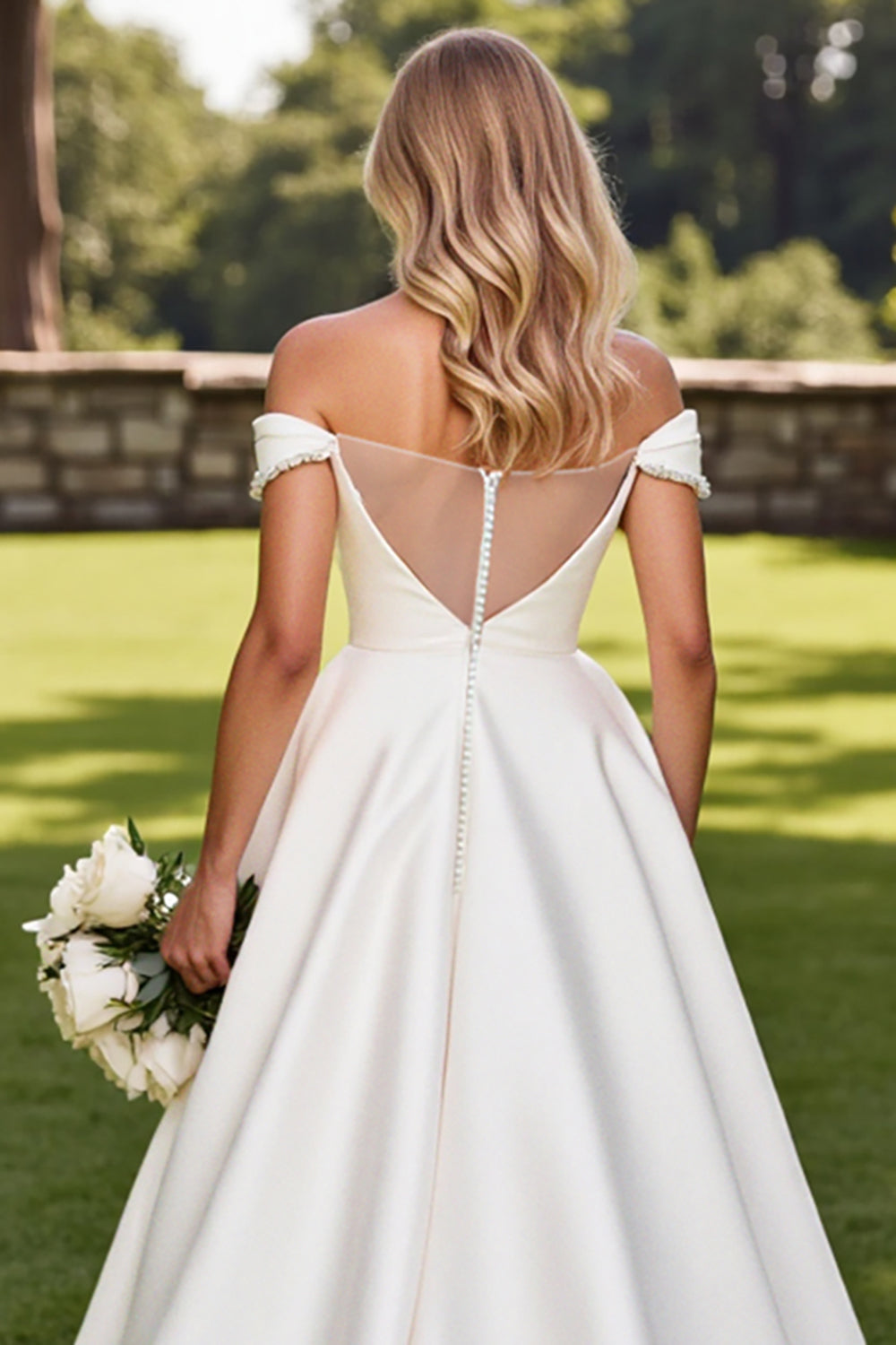 White A-Line Rhinestones Off The Shoulder Satin Long Bridal Dress