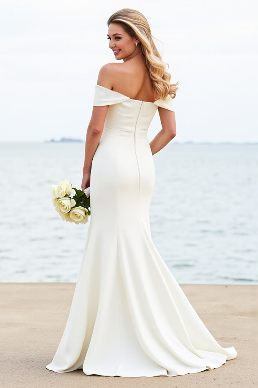 White Mermaid Off The Shoulder Satin Long Bridal Dress With Lace