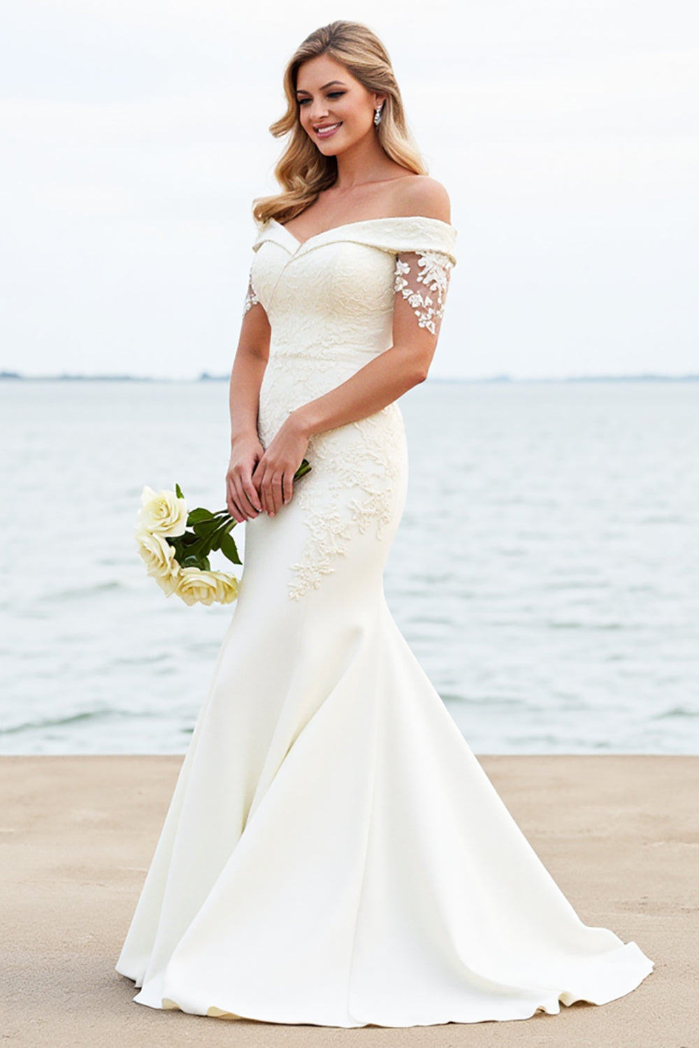 White Mermaid Off The Shoulder Satin Long Bridal Dress With Lace