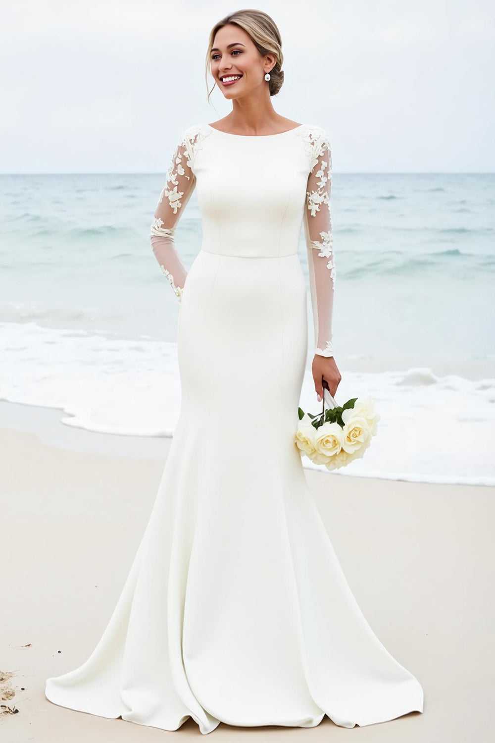 White Mermaid Long Sleeves Scoop Satin Bridal Dress With Lace