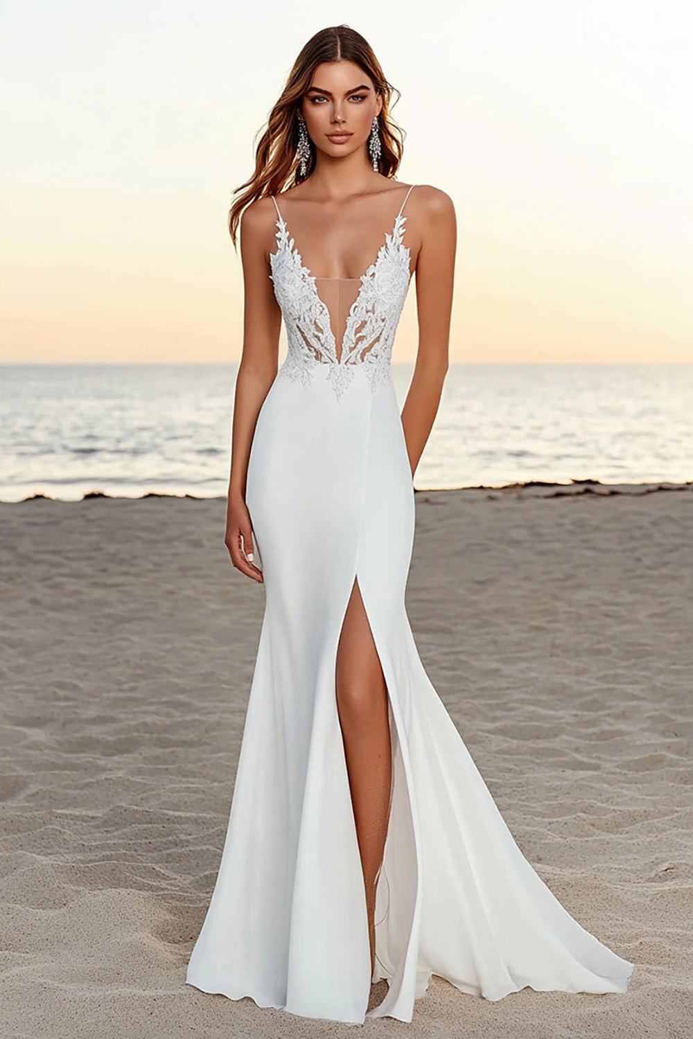 lvory Mermaid Spaghetti Straps Lace Long Wedding Dress