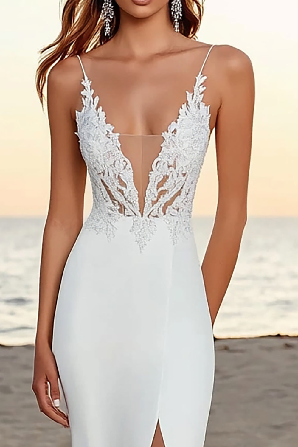 lvory Mermaid Spaghetti Straps Lace Long Wedding Dress