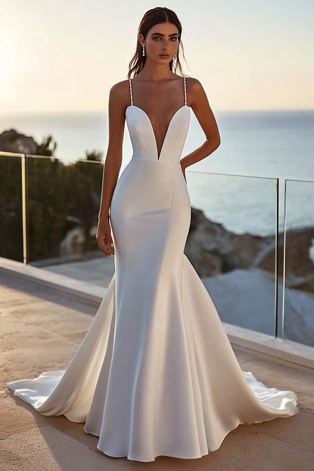 Mermaid lvory Spaghetti Straps Satin Long Wedding Dress
