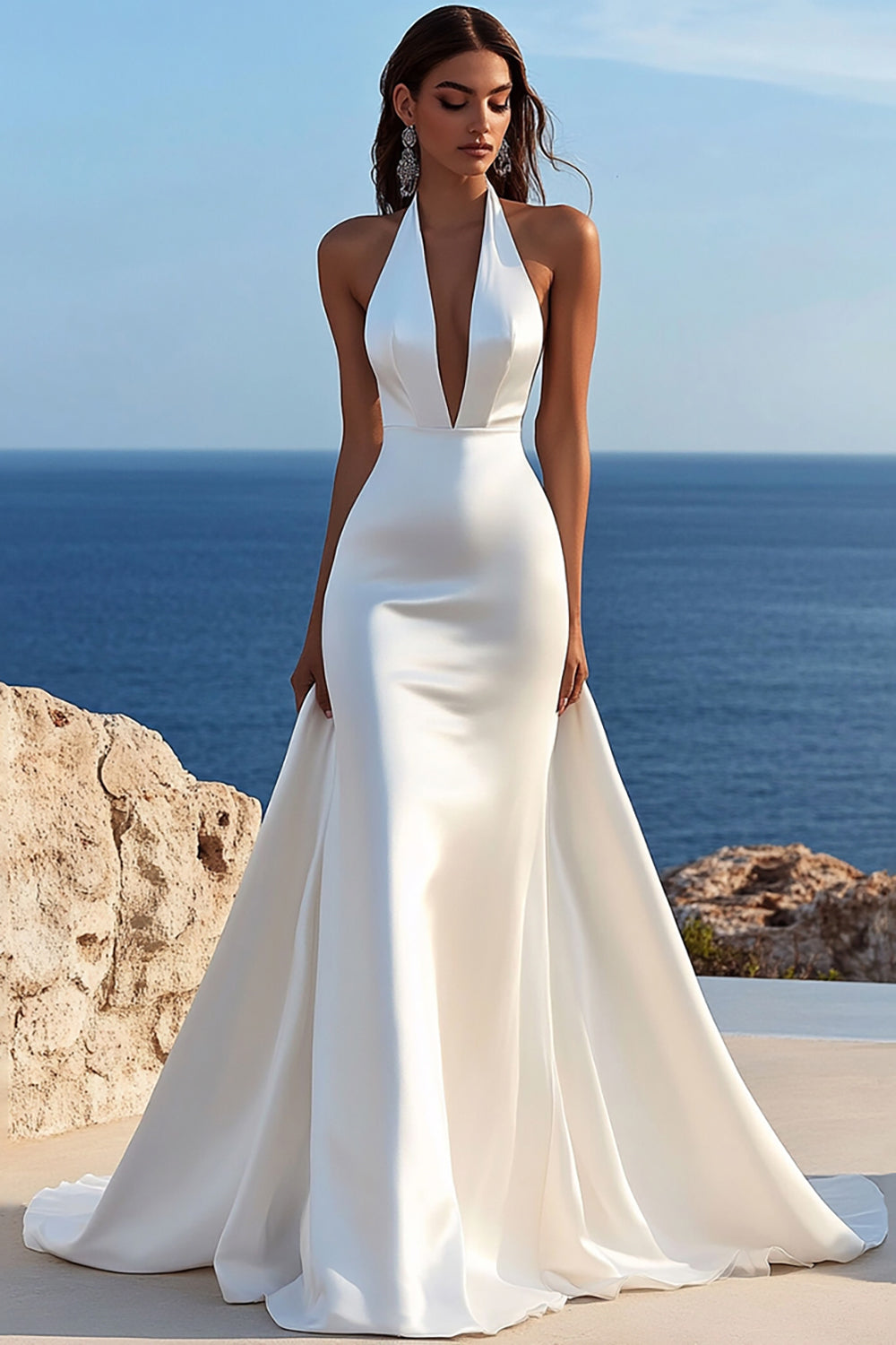Mermaid lvory Halter Satin Long Wedding Dress