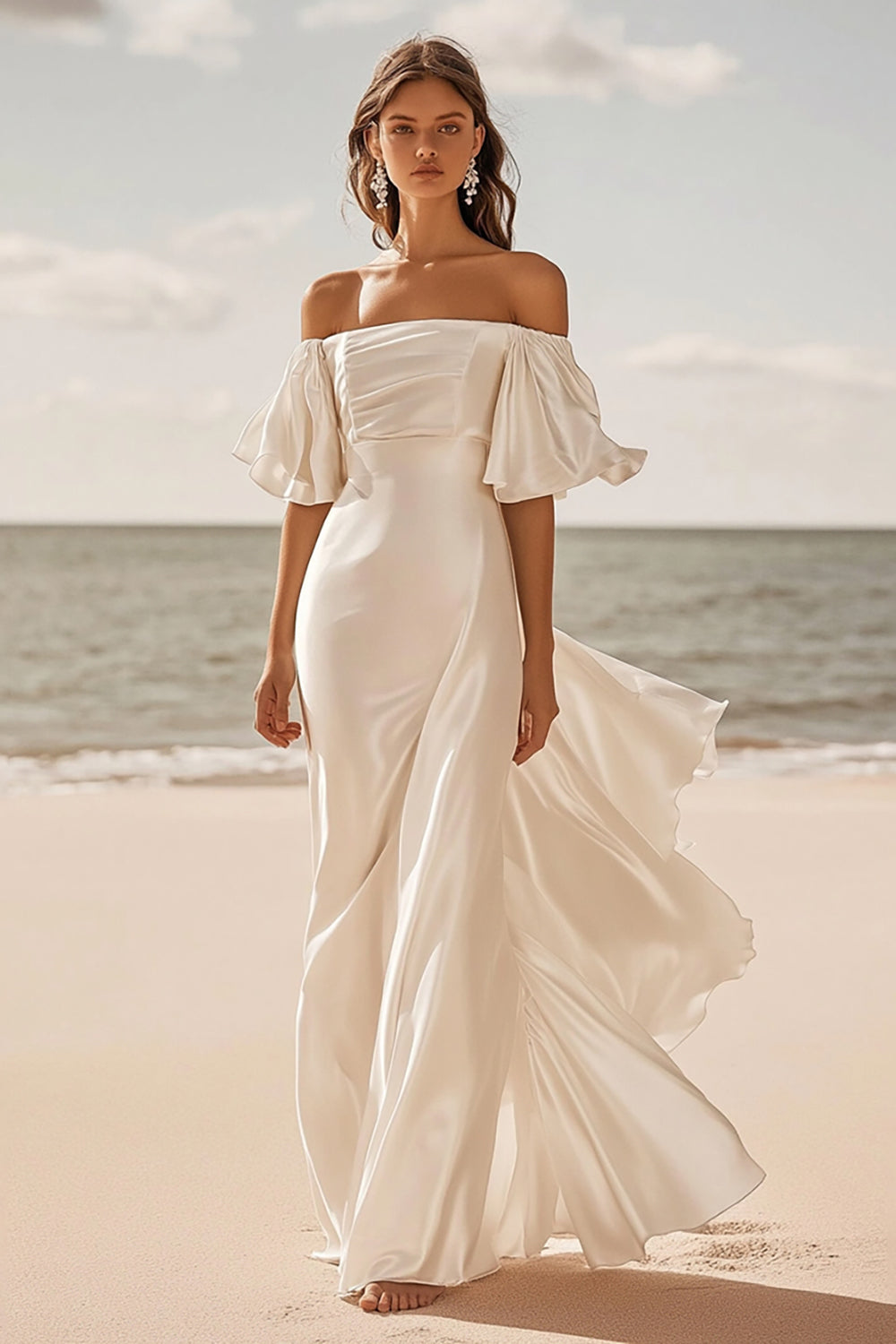 A Line lvory Off The Shoulder Pleated Satin Long Wedding Dress