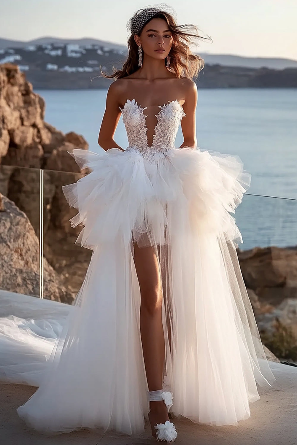 A Line Strapless lvory Pleated Wedding Dress With Slit