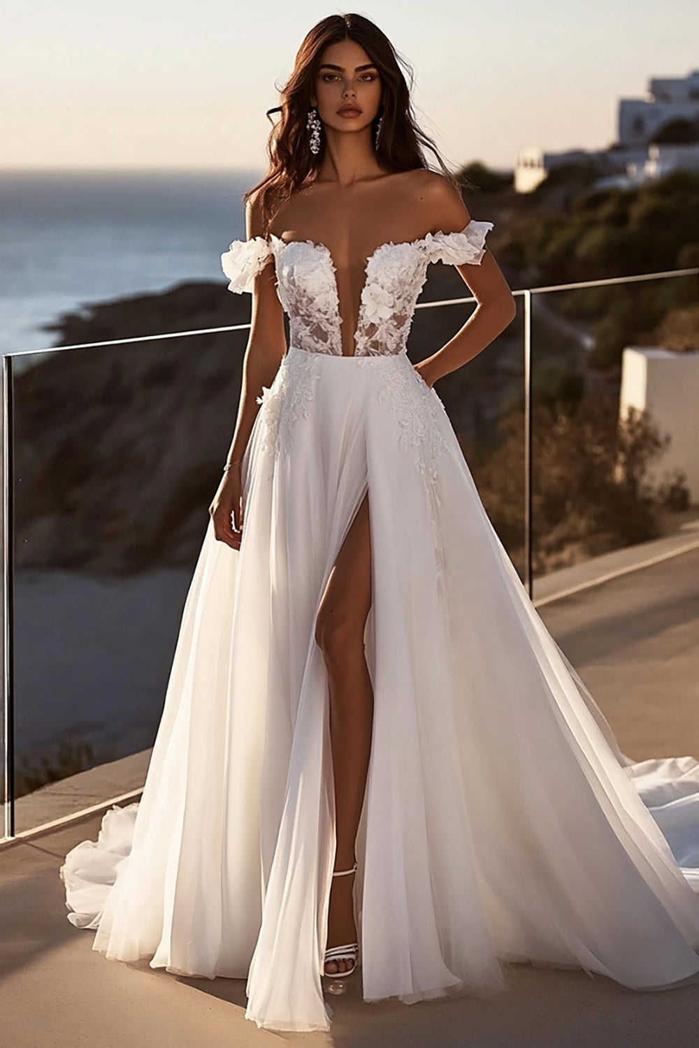 lvory A Line Off The Shoulder Long Wedding Dress With Slit