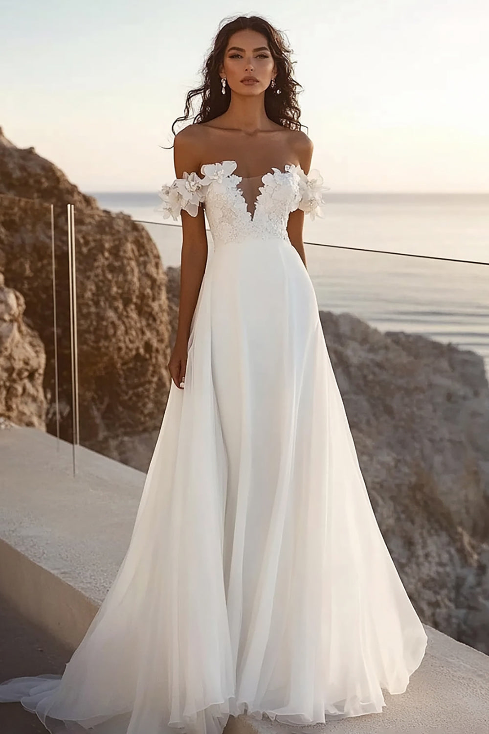 lvory A Line Off The Shoulder Appliqued Long Wedding Dress
