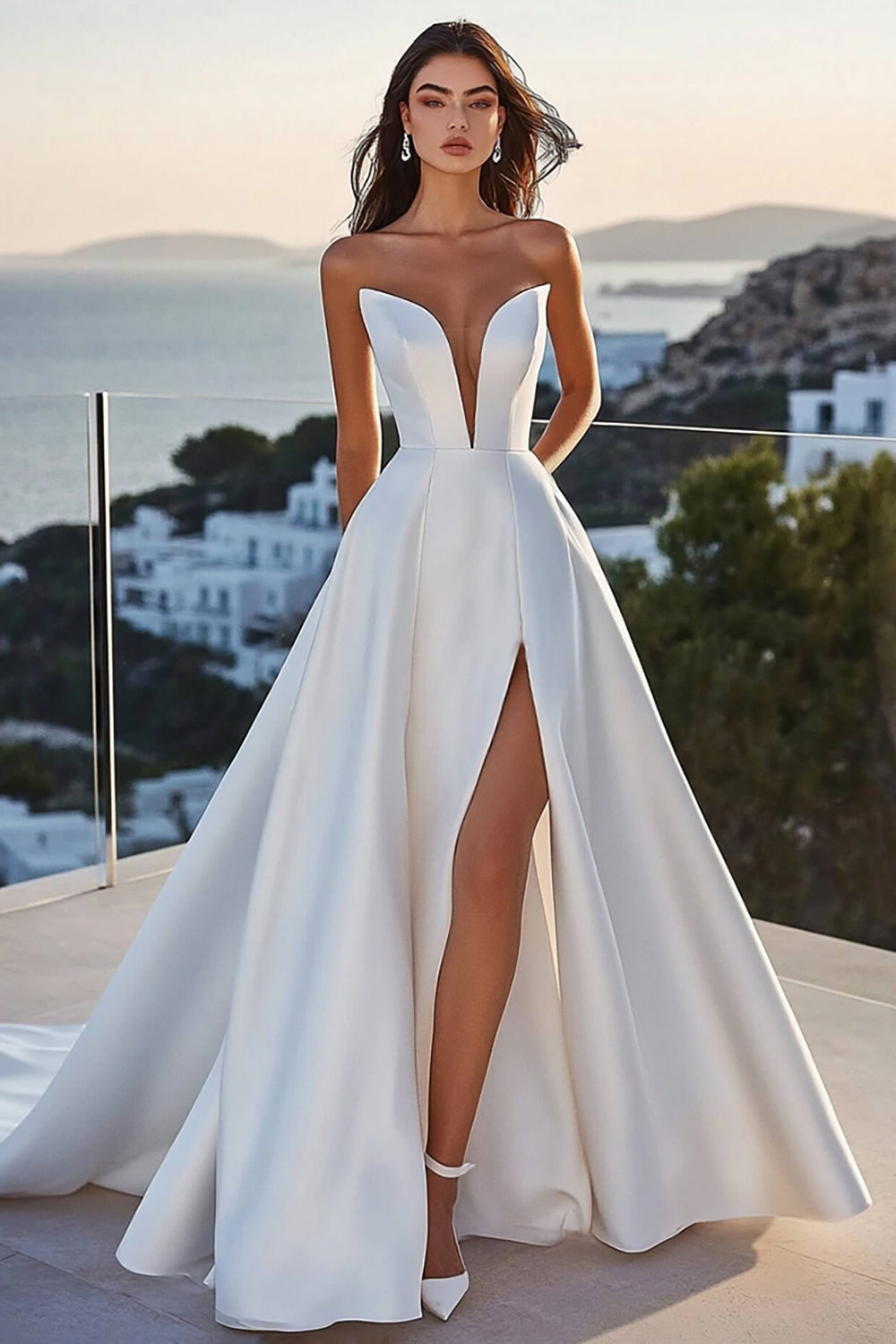 A Line Strapless lvory Satin Long Wedding Dress