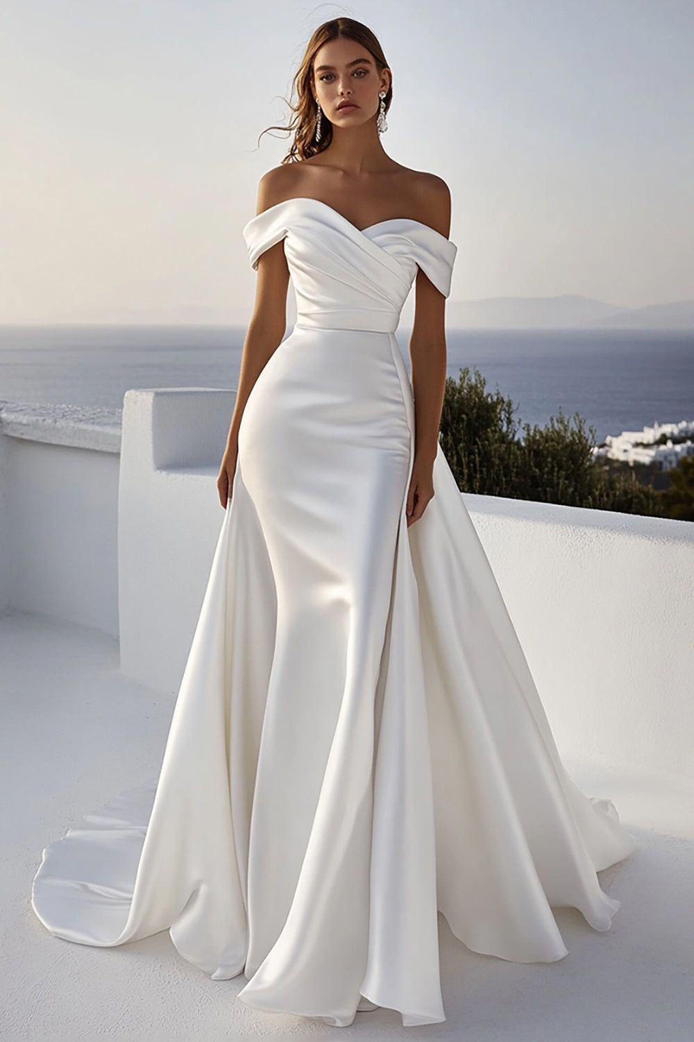 Satin Off The Shoulder Ivory Wedding Dress With Sash