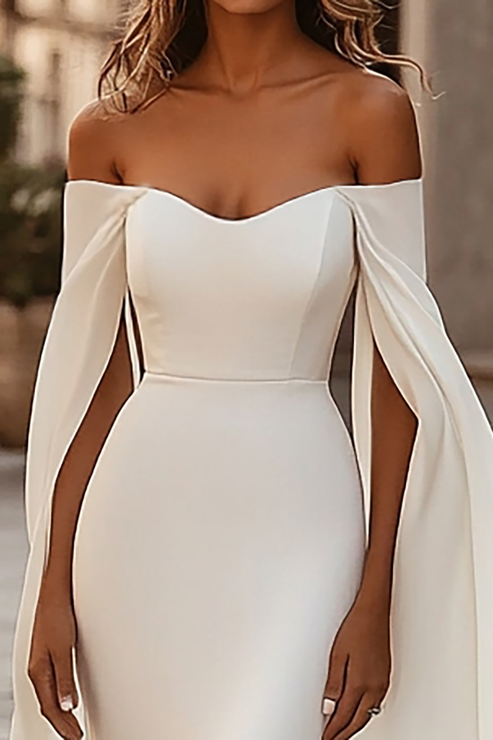 Ivory Off the Shoulder Mermaid Wedding Dress with Cape Sleeves