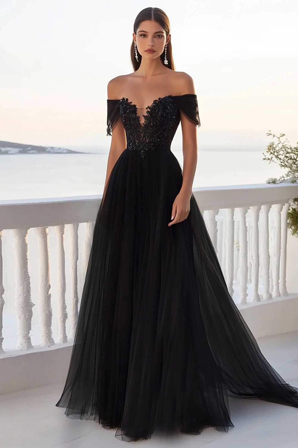 Black Off The Shoulder Lace A Line Tulle Wedding Dress