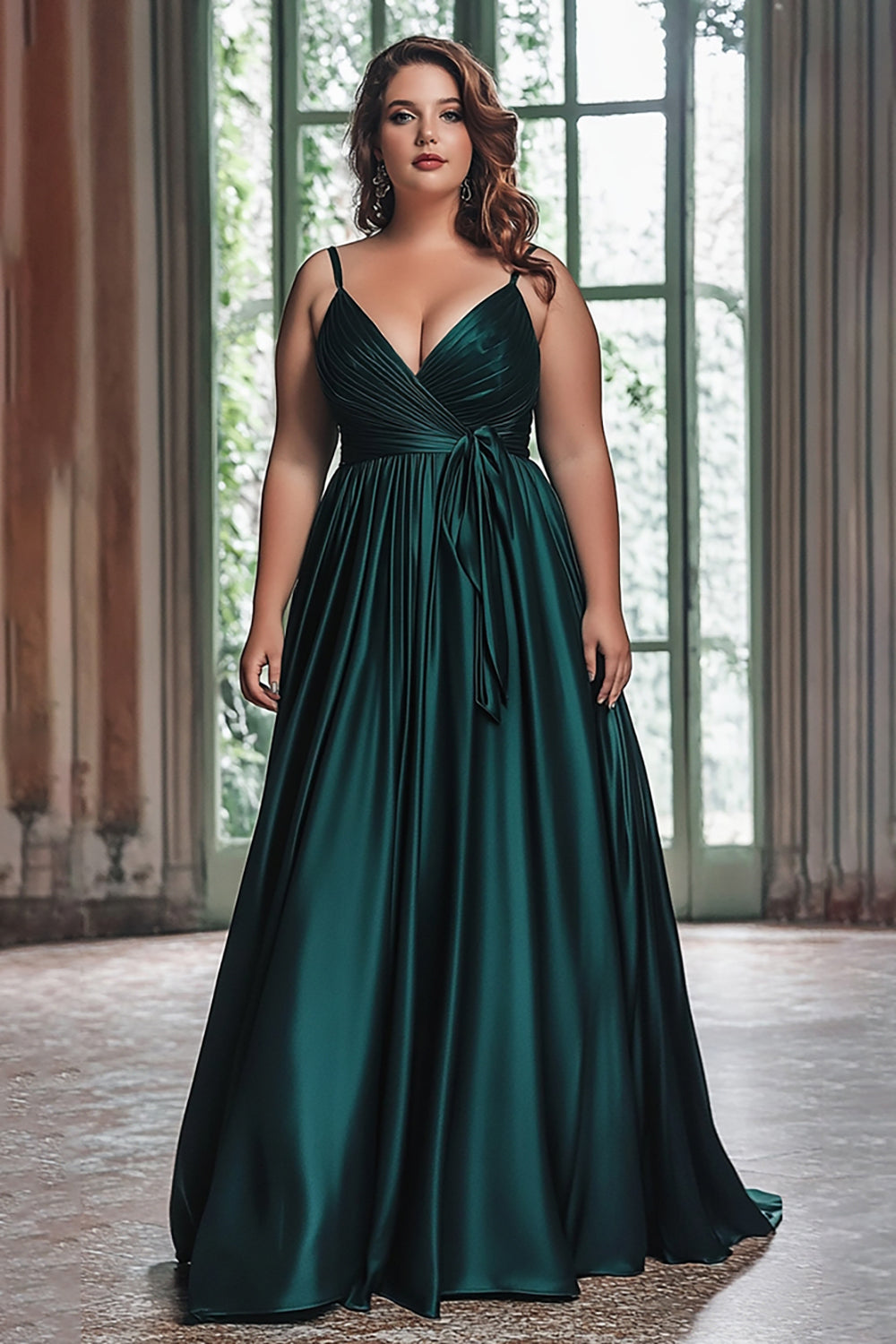 A Line Dark Green Pleated Sleeveless Plus Long Prom Dress
