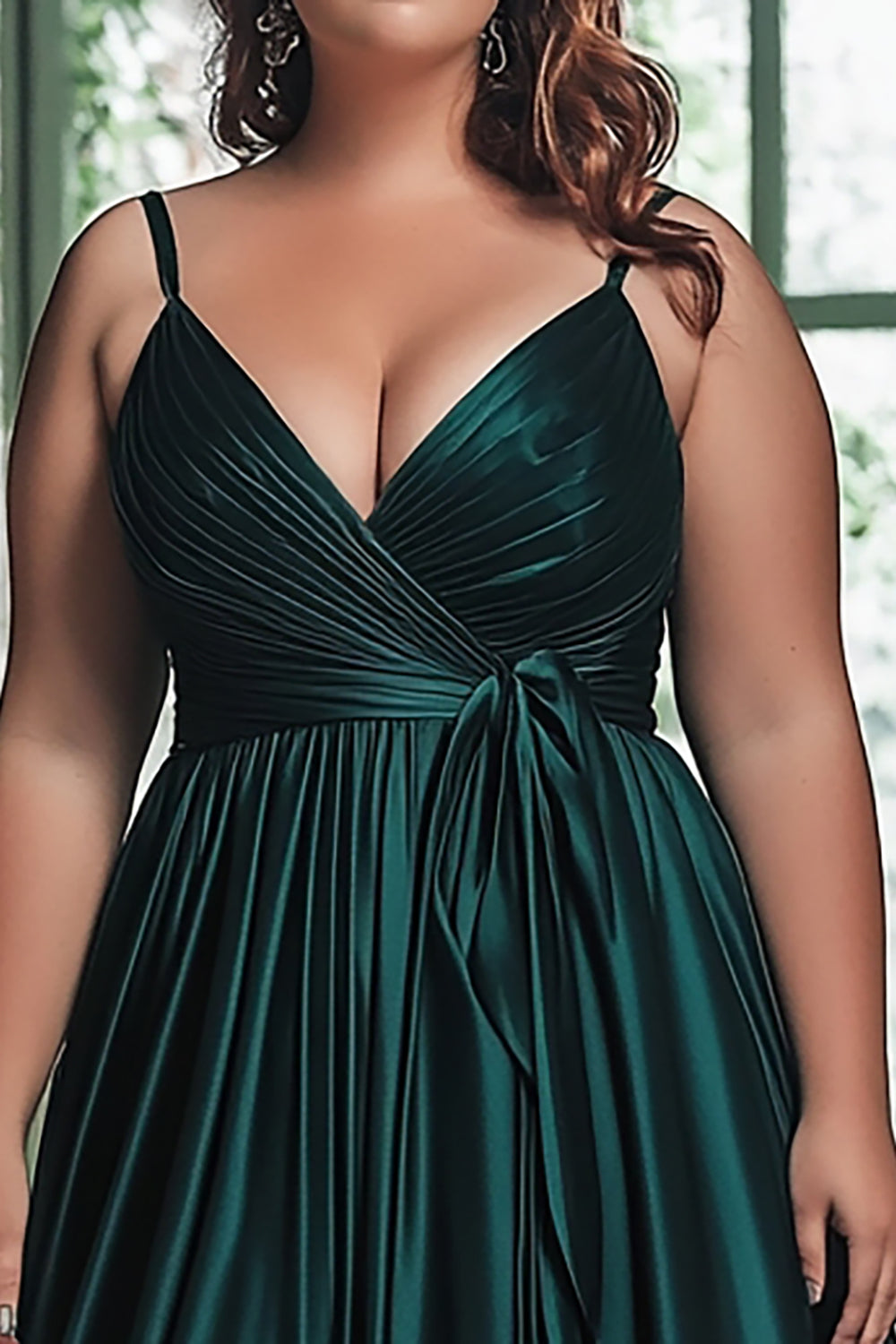 A Line Dark Green Pleated Sleeveless Plus Long Prom Dress