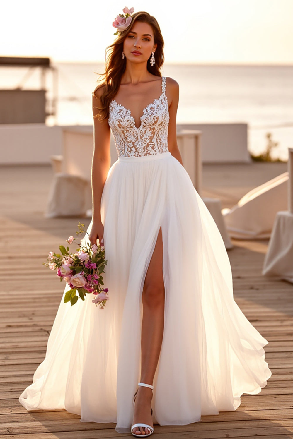 White V-Neck A Line Boho Sweep Train Wedding Dress with Lace
