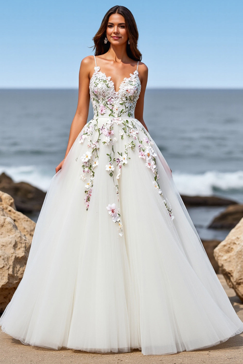 White Tulle A Line Maxi Boho Sweep Train Wedding Dress with Appliques