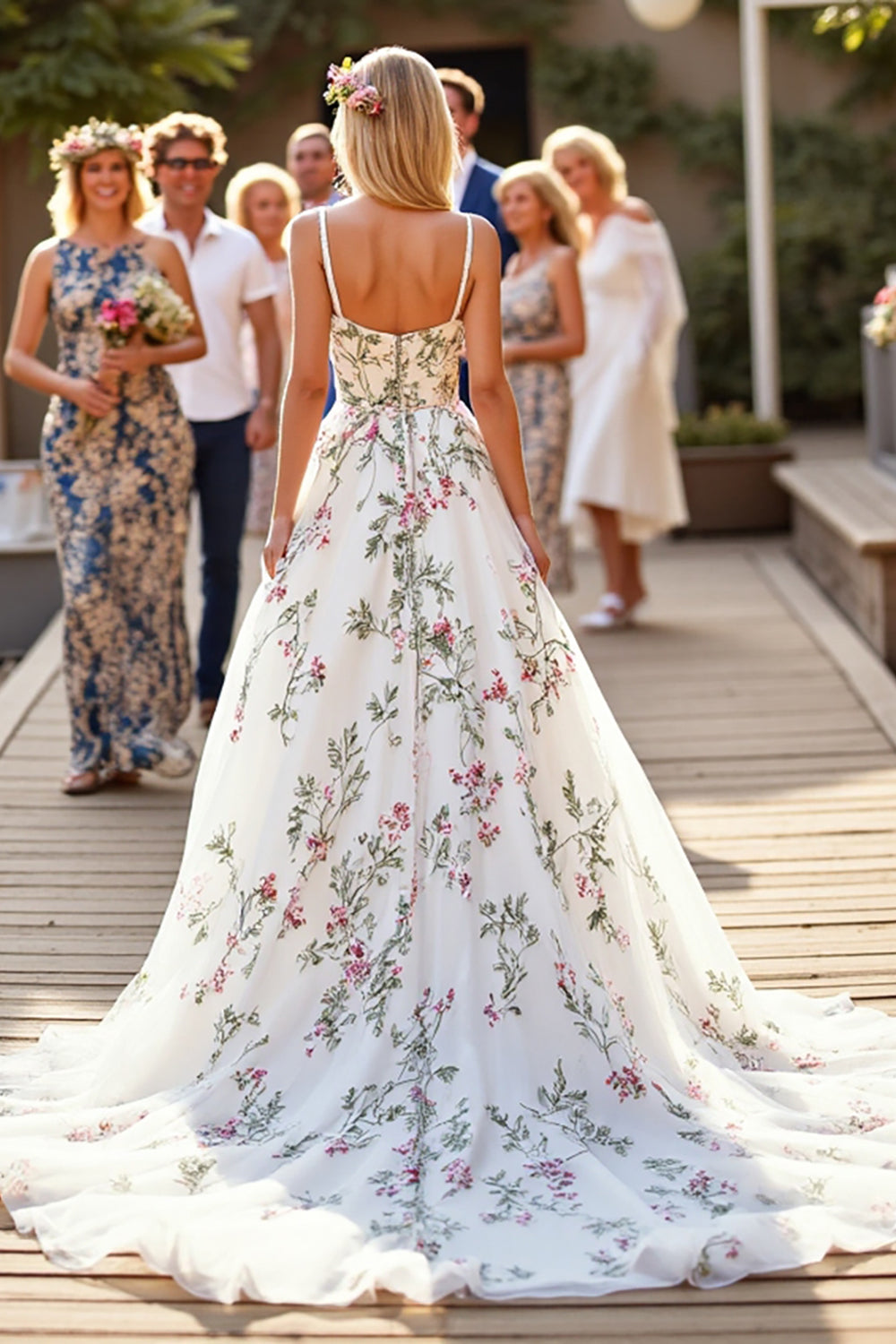 A Line White Sweep Train Wedding Dress with Embroidery
