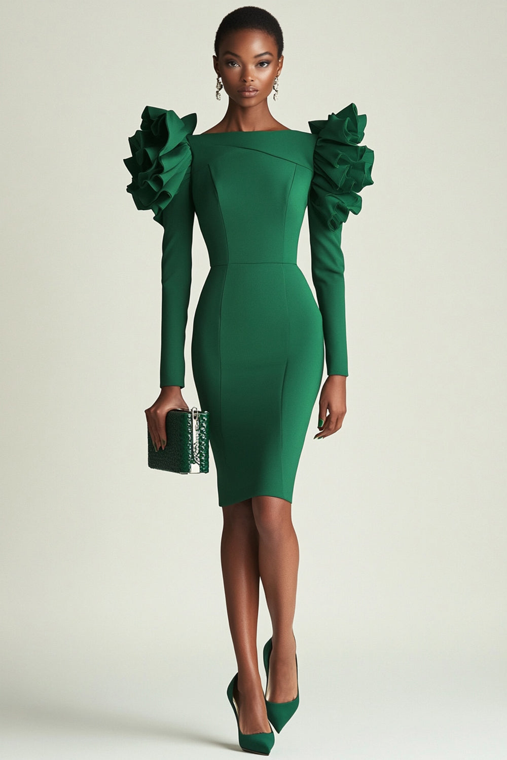 Dark Green Bodycon Long Sleeves Short Work Dress with Ruffles