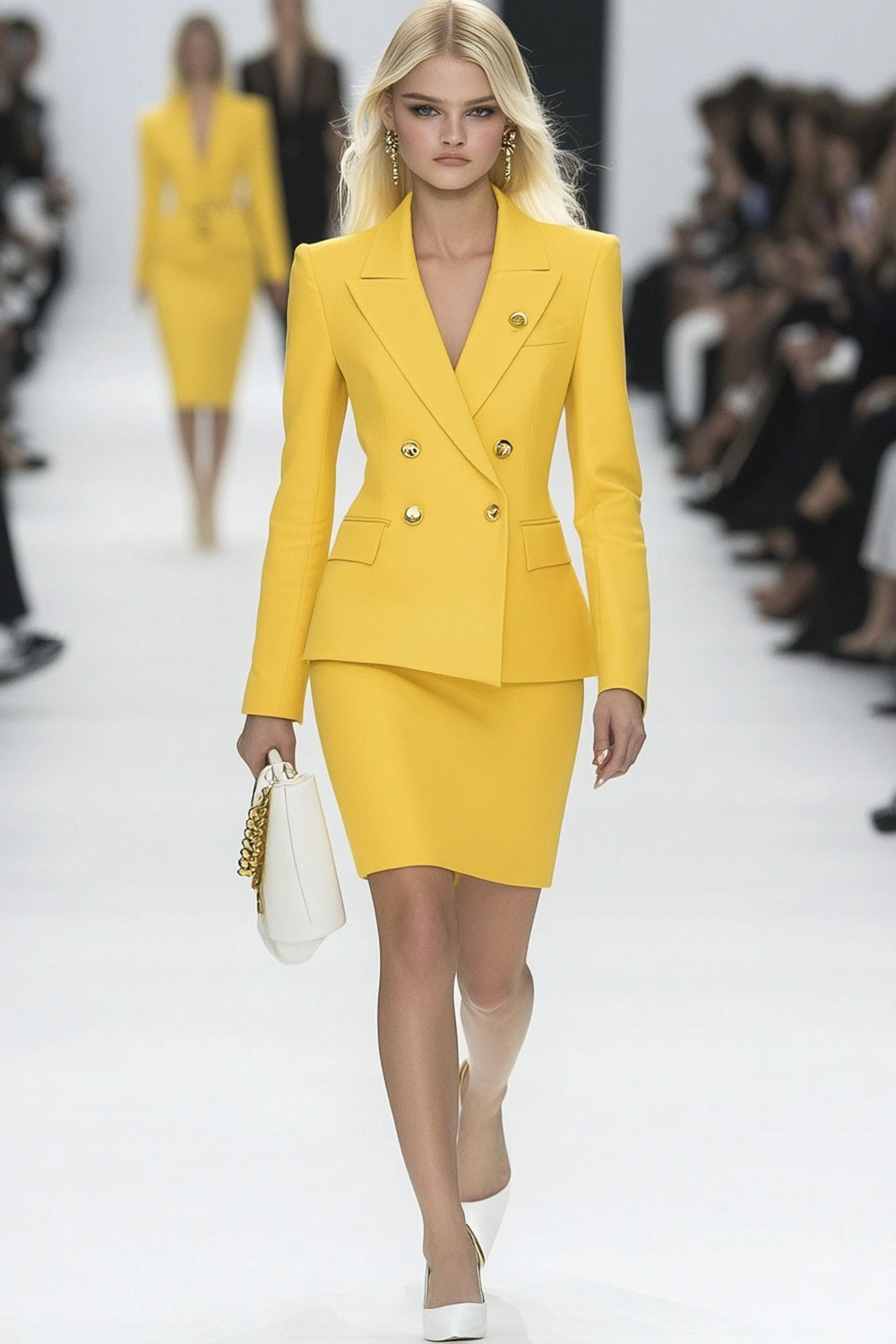 Yellow 2 Piece Bodycon Peak Lapel Double Breasted Mini Work Dress