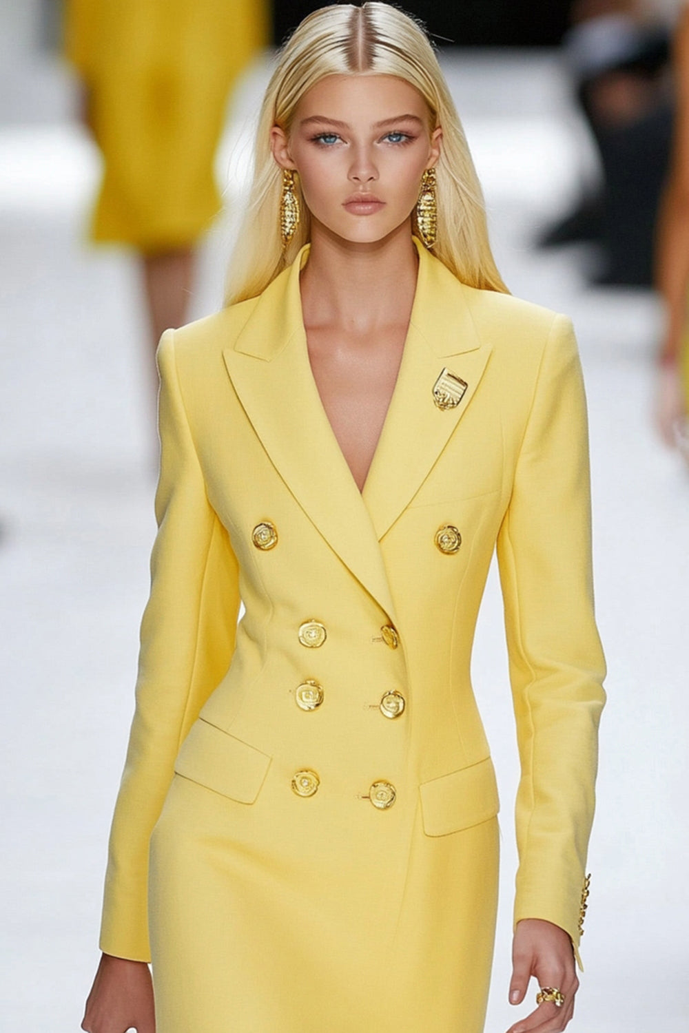 Yellow Peak Lapel Double Breasted Mini Work Dress