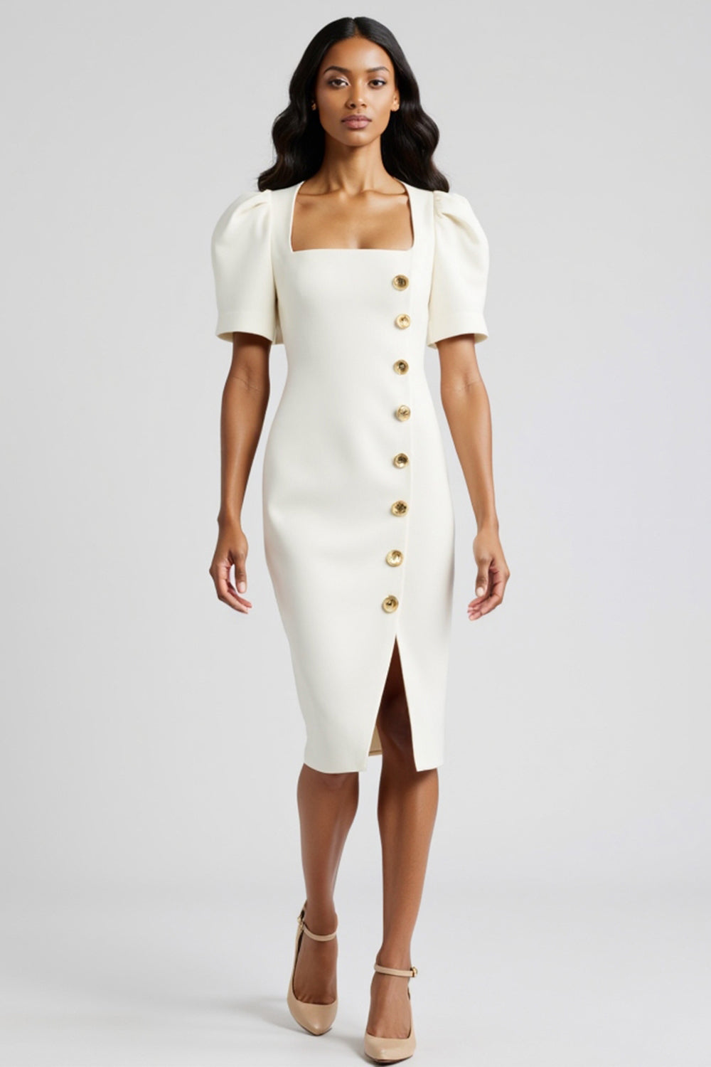 White Bodycon Work Dress with Buttons