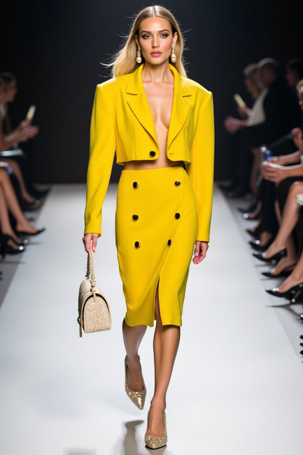 Yellow Notched Lapel Sheath Two-piece Work Dress
