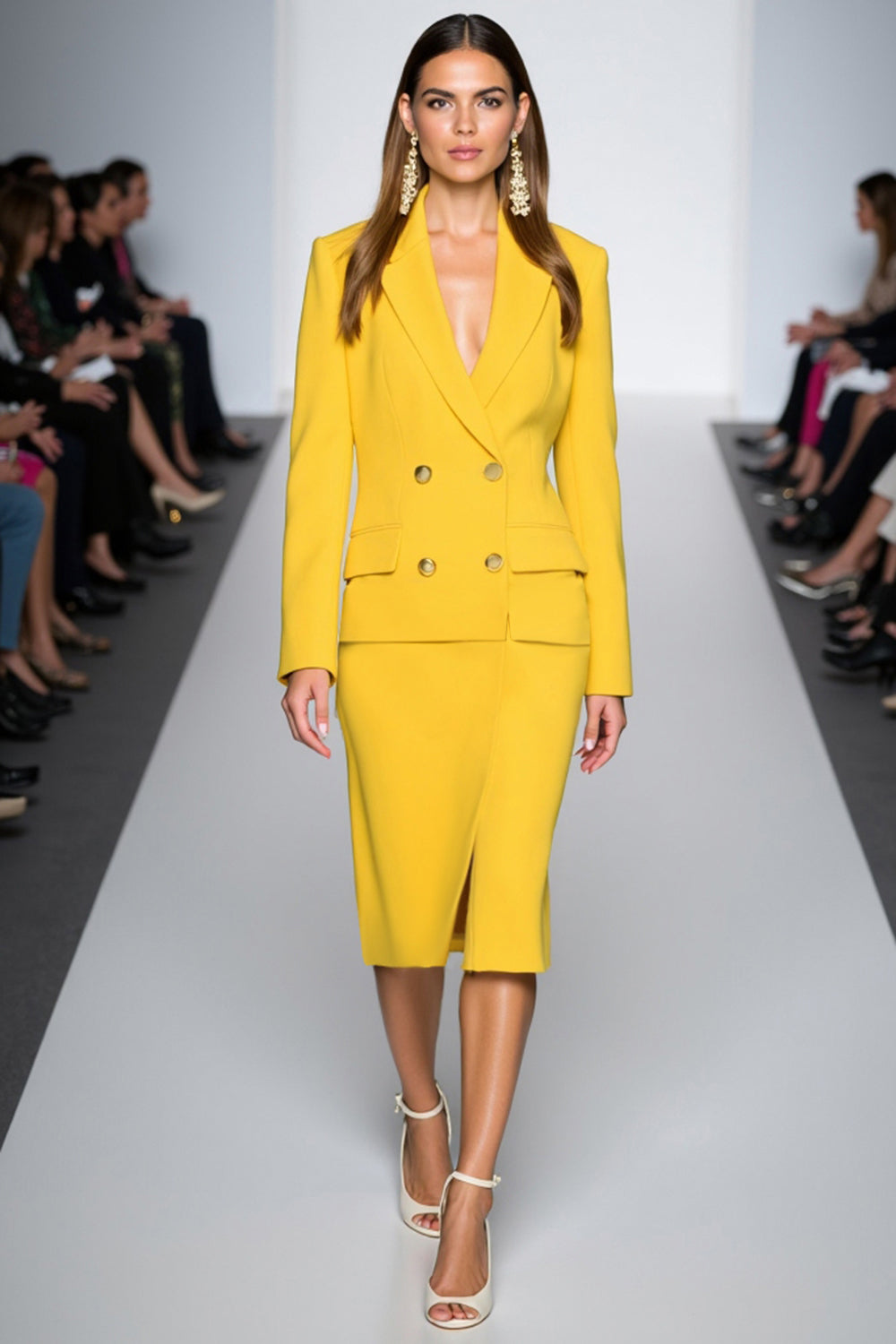 Yellow 2 Piece Sheath V Neck Work Dress with Long Sleeves