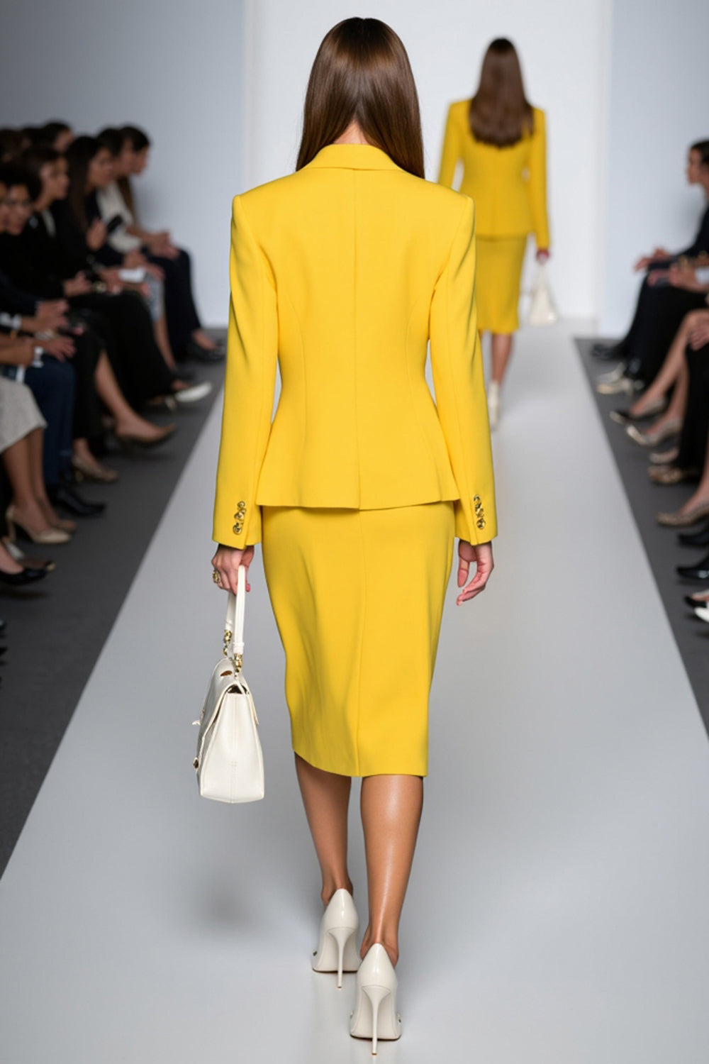 Yellow 2 Piece Sheath V Neck Work Dress with Long Sleeves
