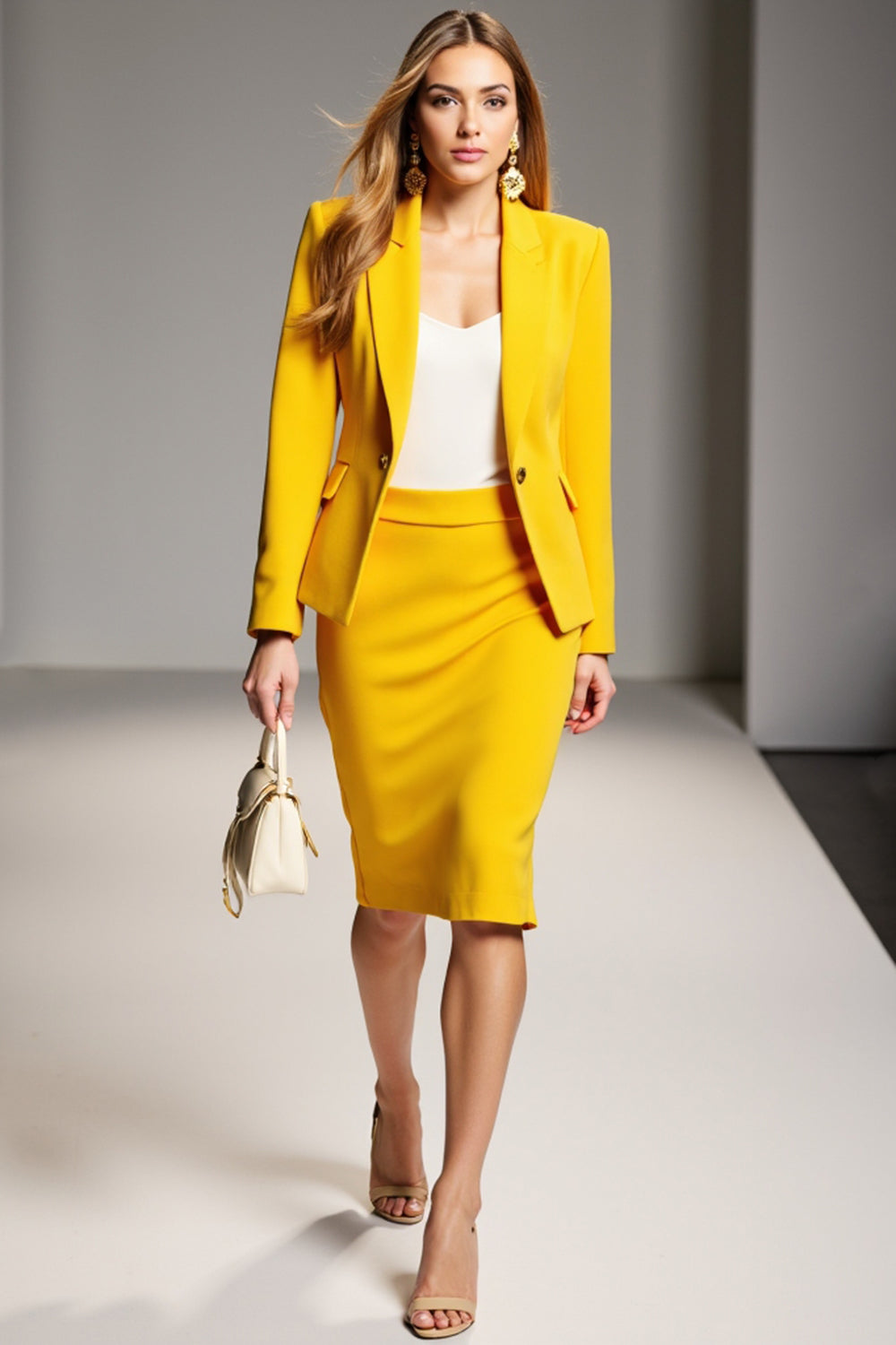 Yellow Sheath 2 Piece Notched Lapel Work Dress