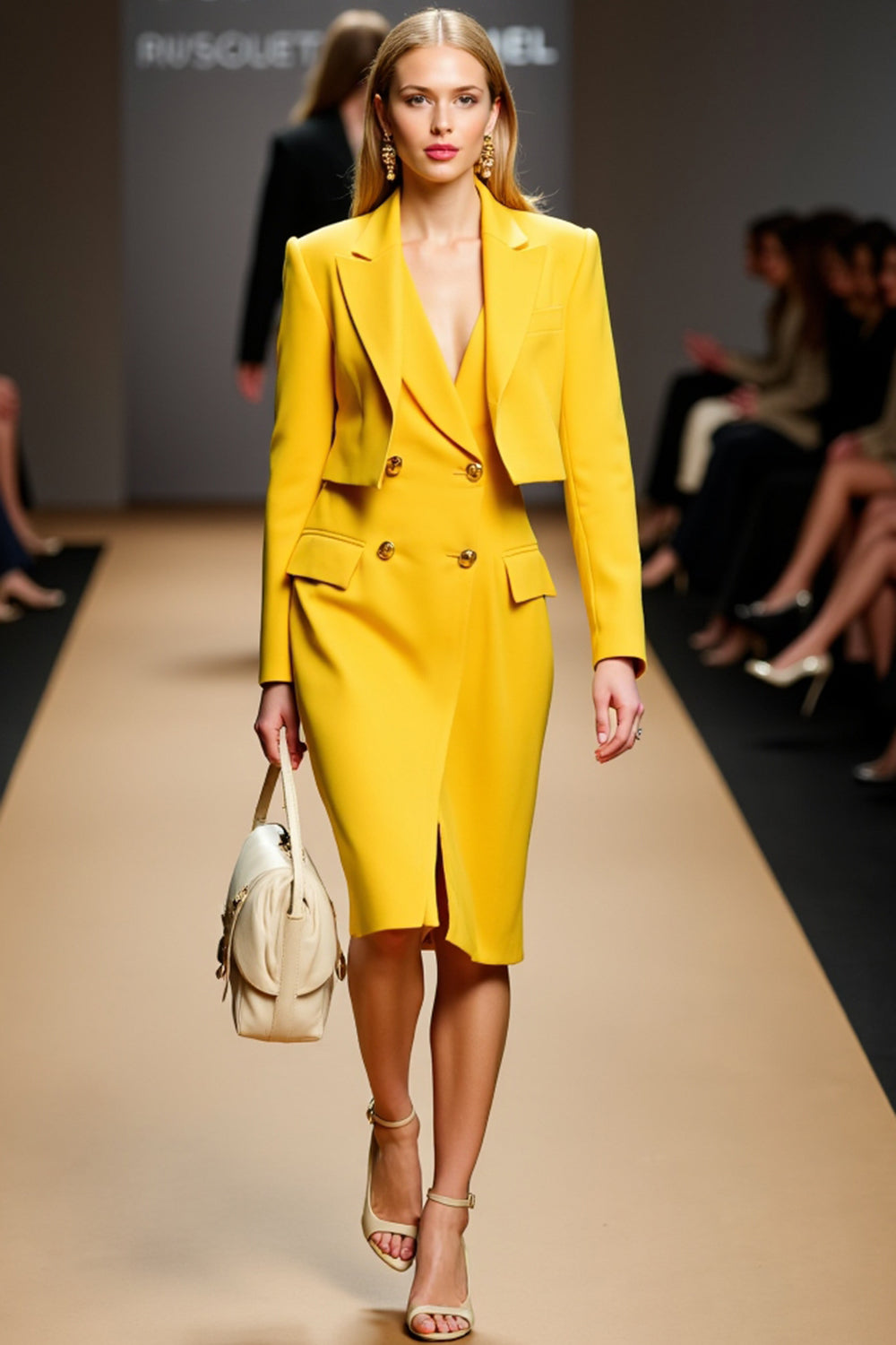 Yellow Sheath 2 Piece Peaked Lapel Work Dress
