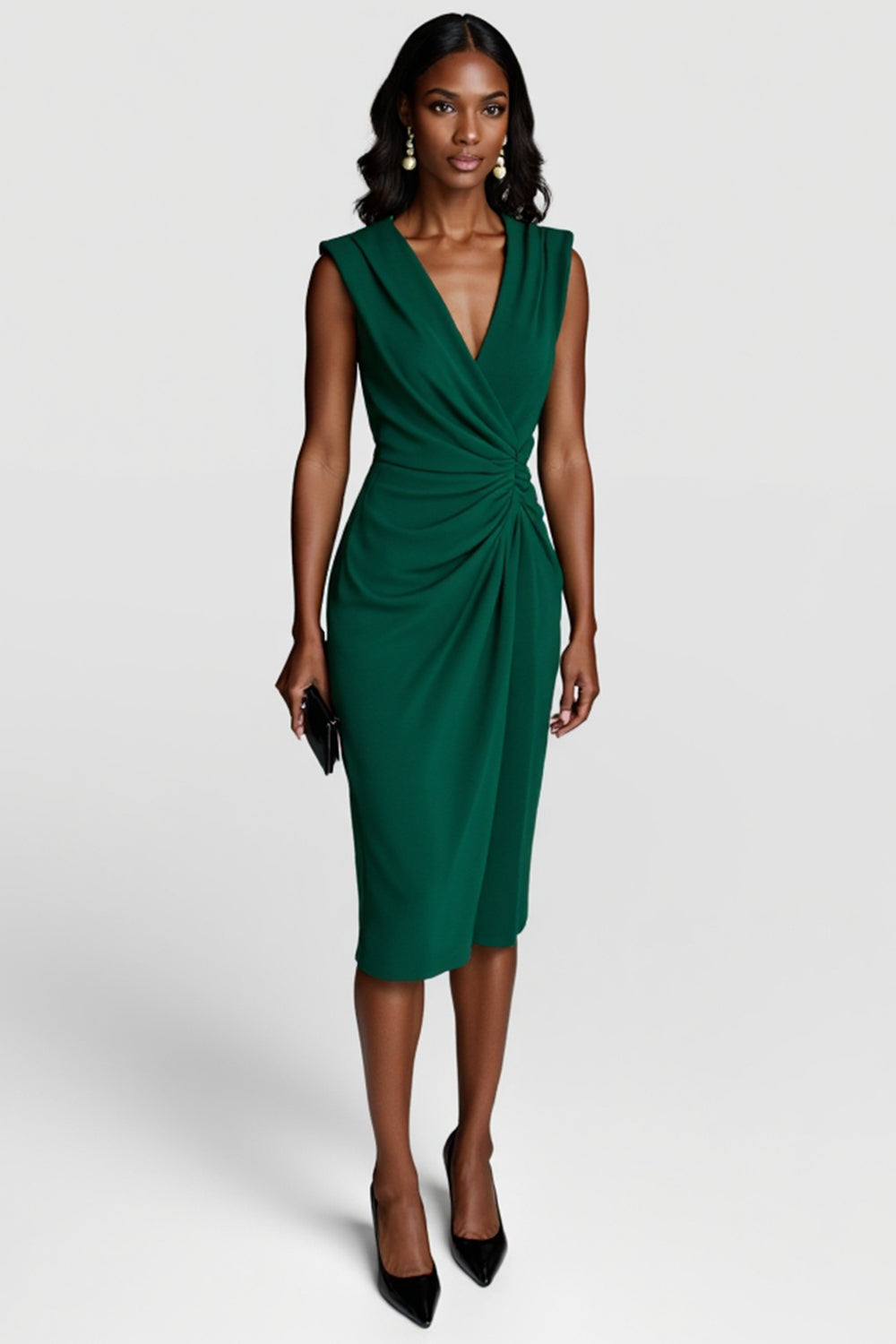 Dark Green Ruched V Neck Bodycon Knee Length Work Dress