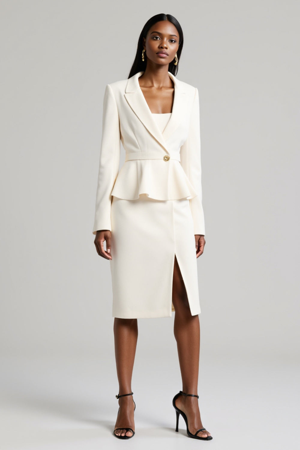 White Peak Lapel Long Sleeve Bodycon 2 Piece Midi Work Dress With Slit