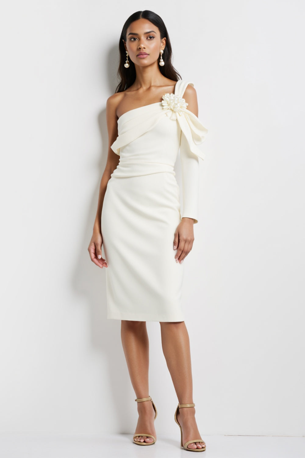 One Shoulder White Bodycon Work Dress With 3D Flower