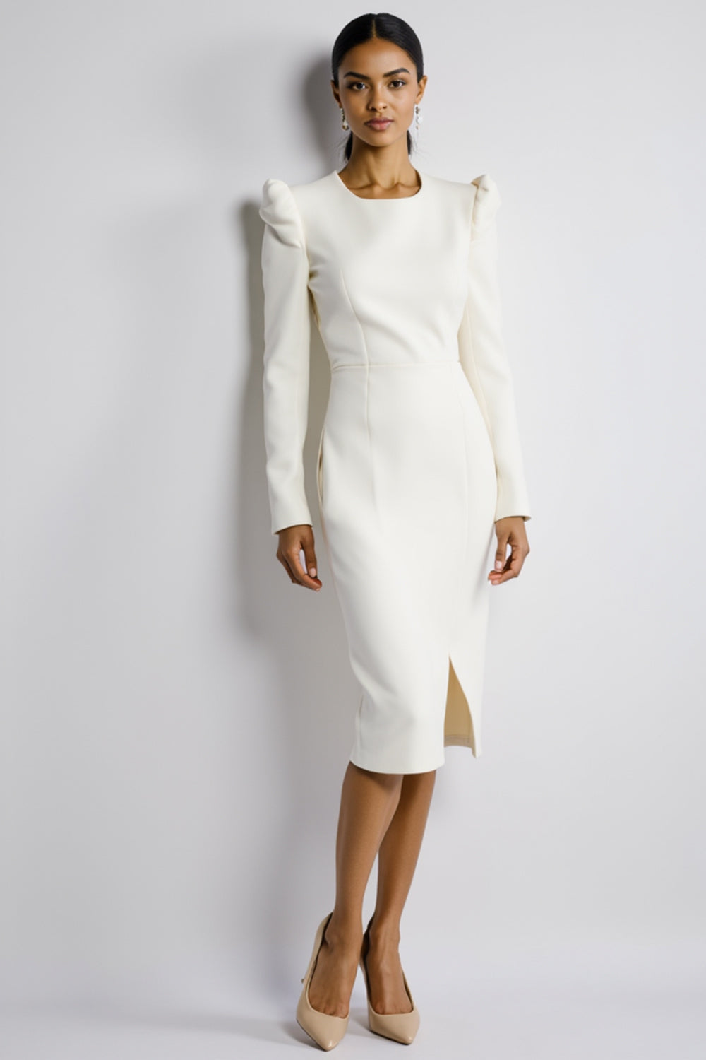 Long Sleeve Bodycon Knee Length White Work Dress With Slit