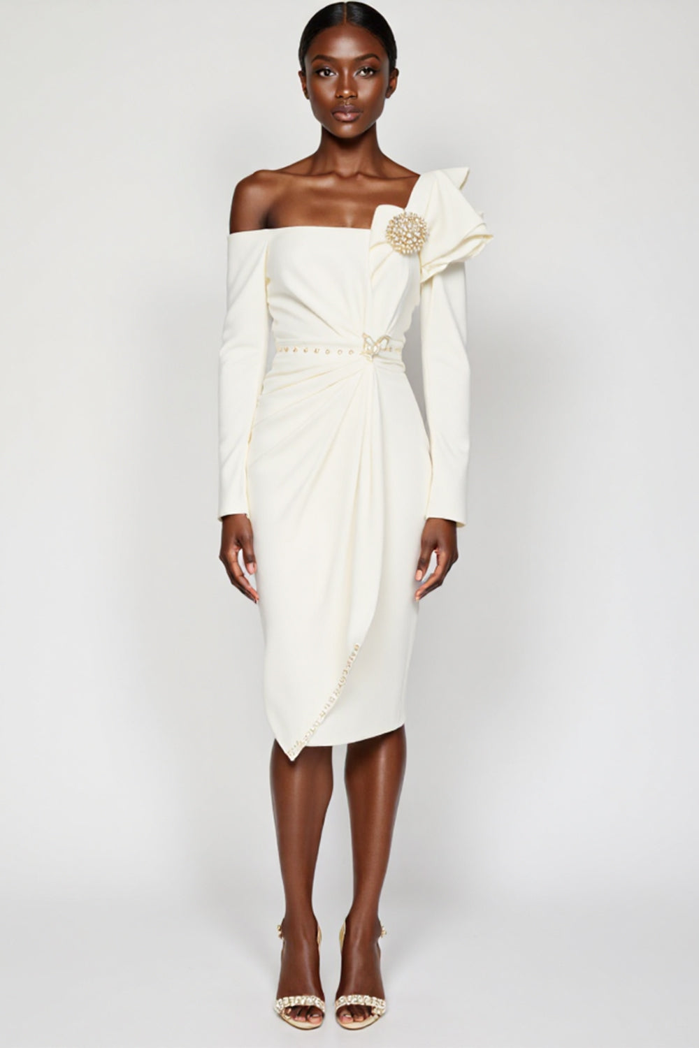 White One Shoulder Bodycon Ruched Work Dress with Long Sleeves