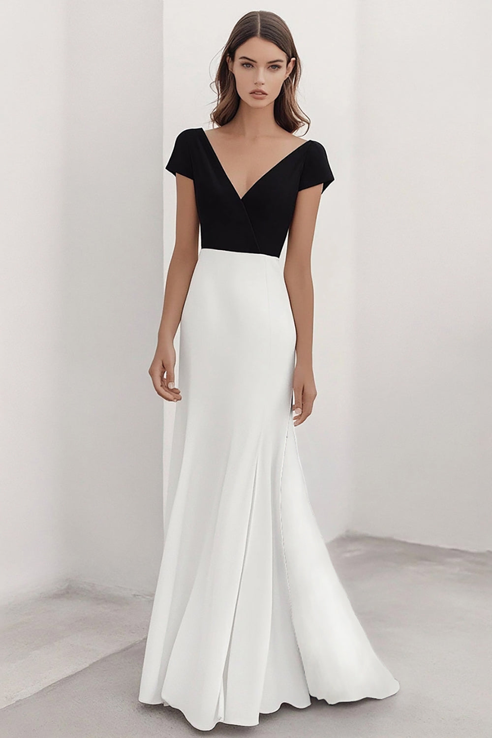 A Line White V Neck Formal Dress with Short Sleeves