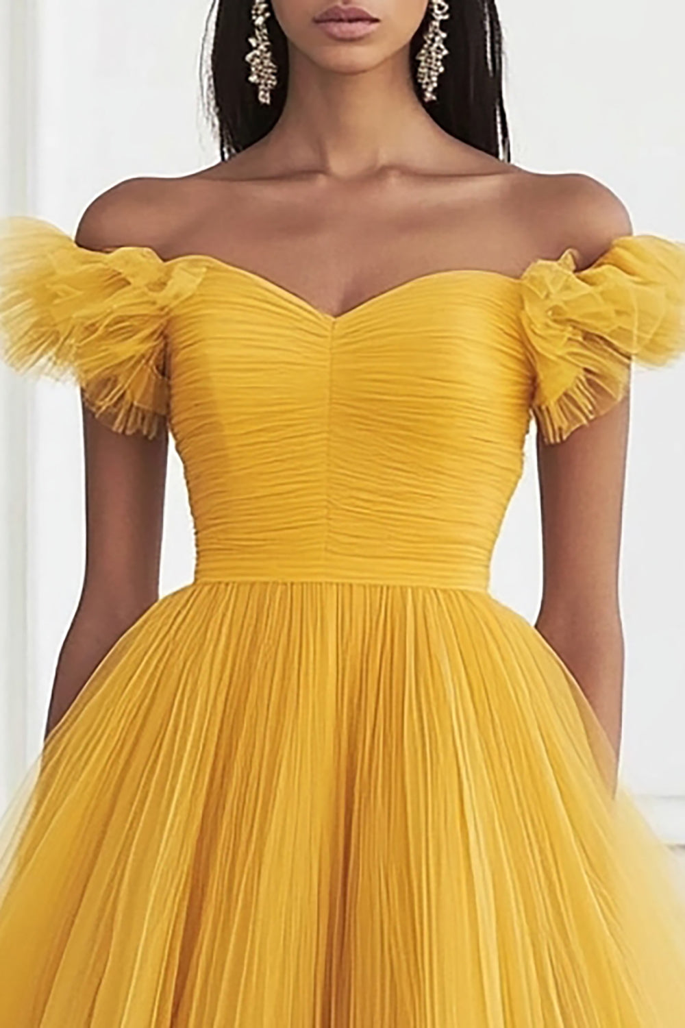 Yellow Tulle Ruffled Off the Shoulder Long Prom Dress