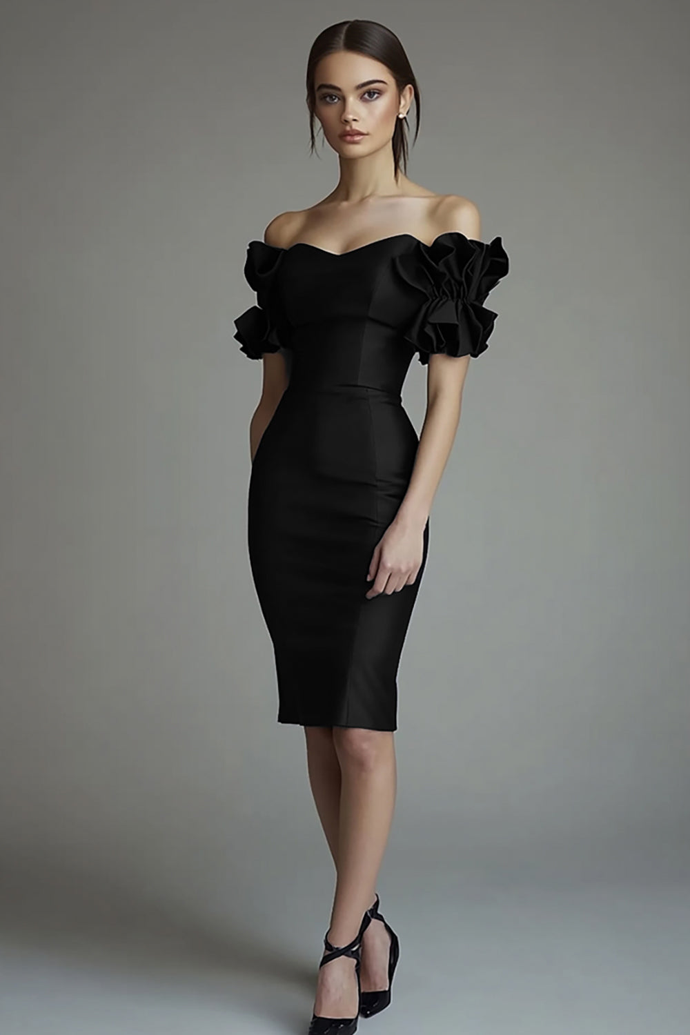 Off the Shoulder Black Bodycon Cocktail Dress with Ruffles