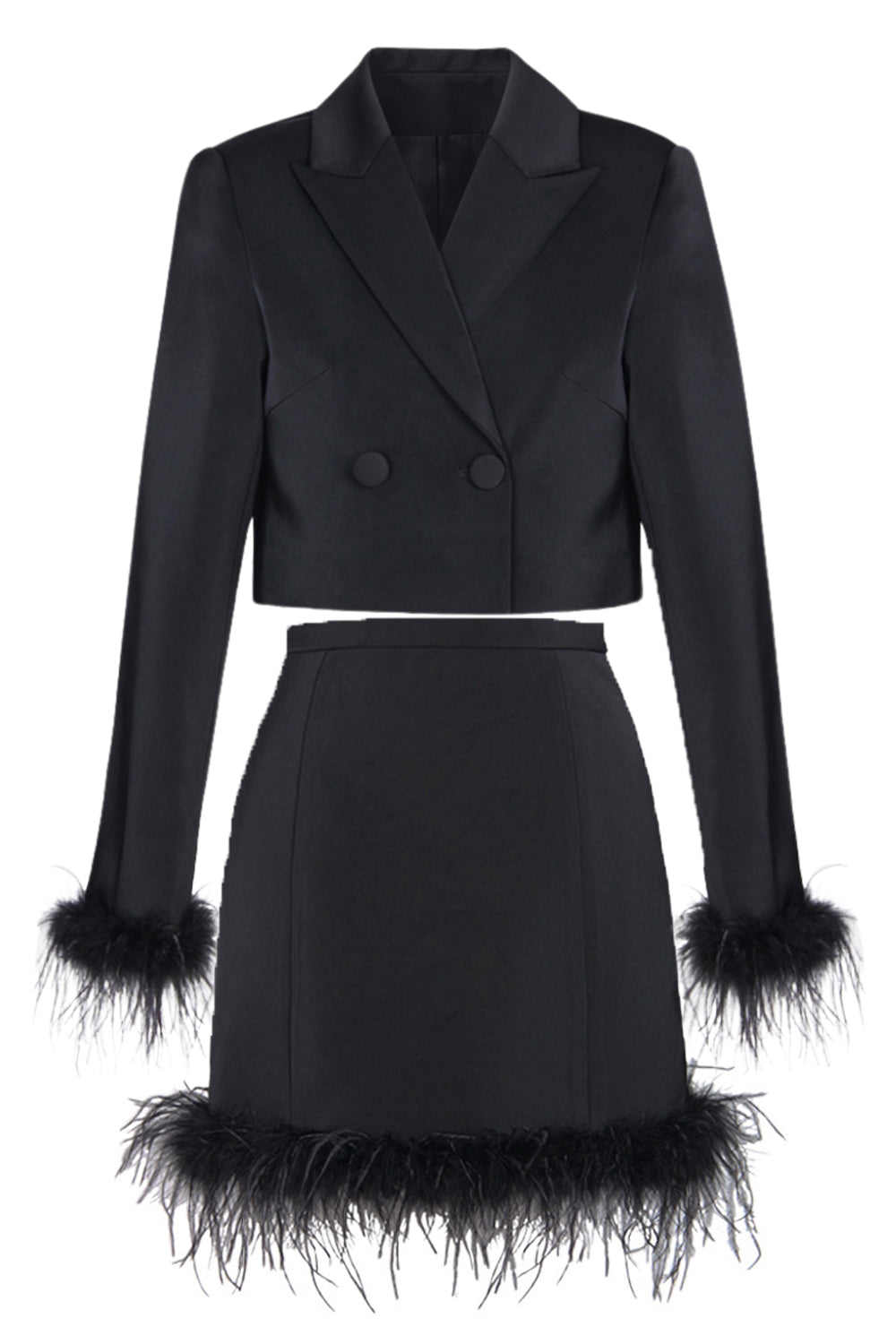 Black 2-Piece Peak Lapel Short Women Prom Suits with Feather