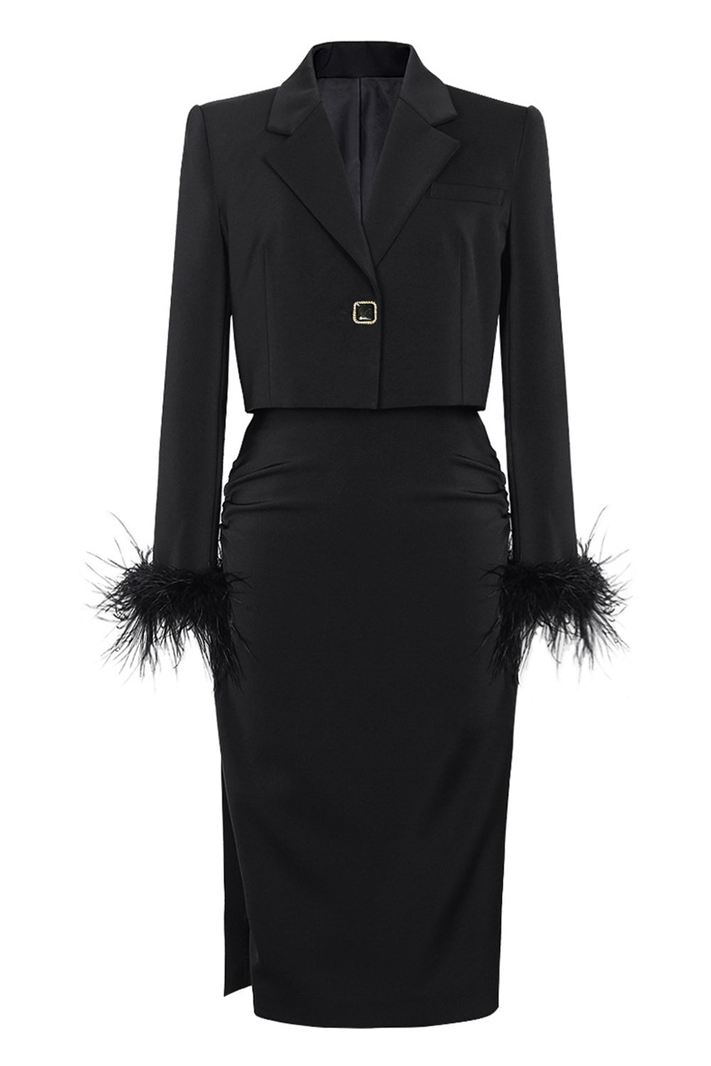 Black 2 Piece Notched Lapel Women Prom Suits with Feather