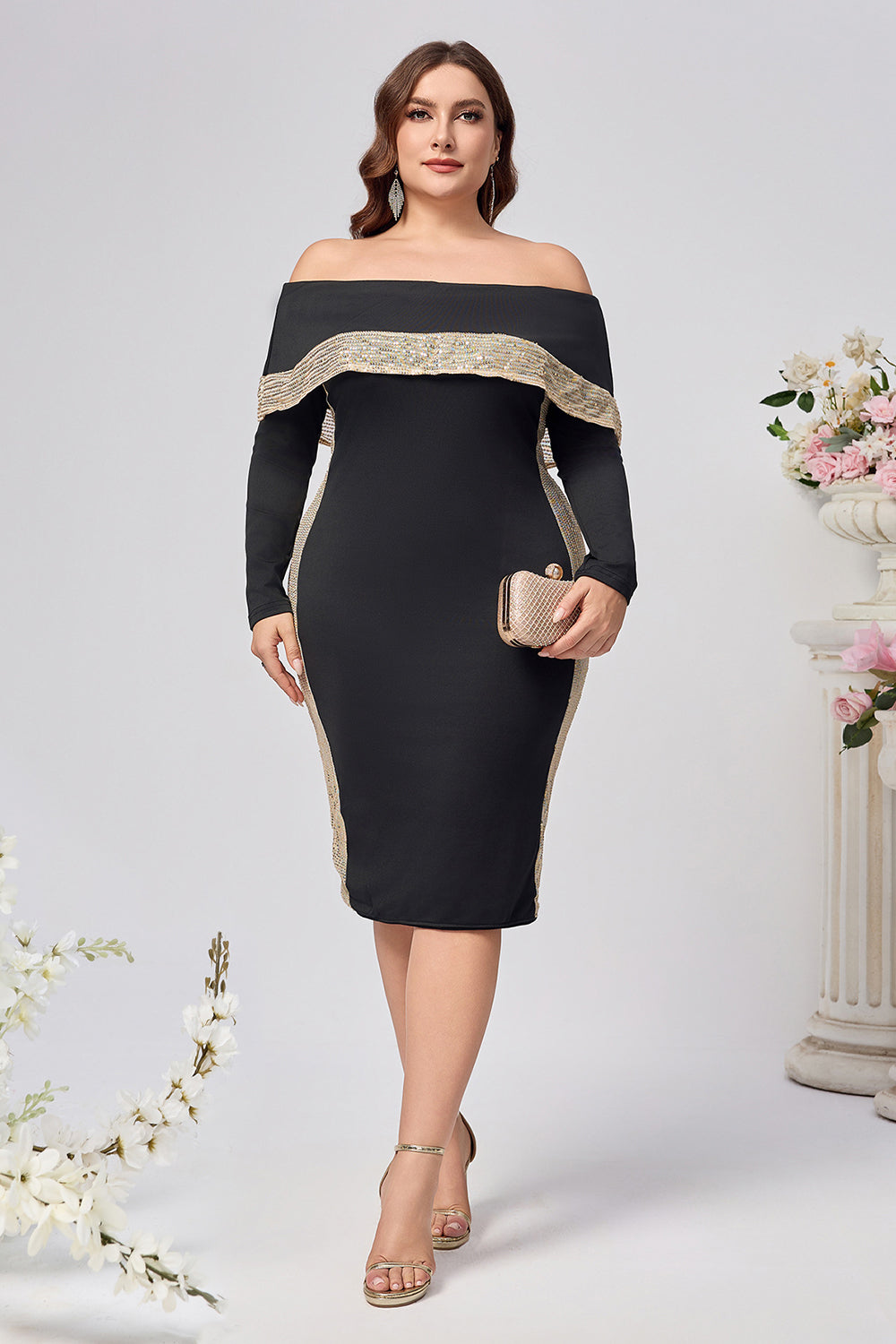 Plus Size Black Bodycon Satin Knee Length Mother of the Bride Dress