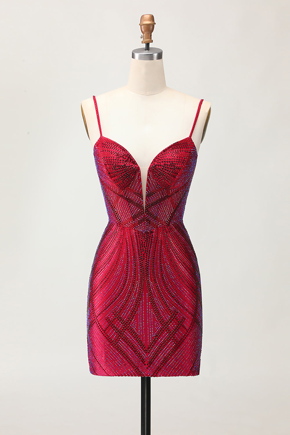 Sparkly Burgundy Bodycon Spaghetti Straps Short Homecoming Dress with Beading
