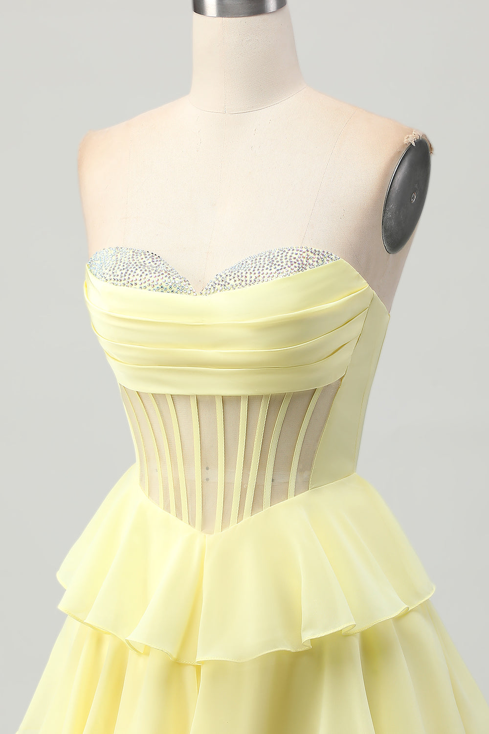Yellow A-Line Strapless Tiered Corset Homecoming Dress with Beading