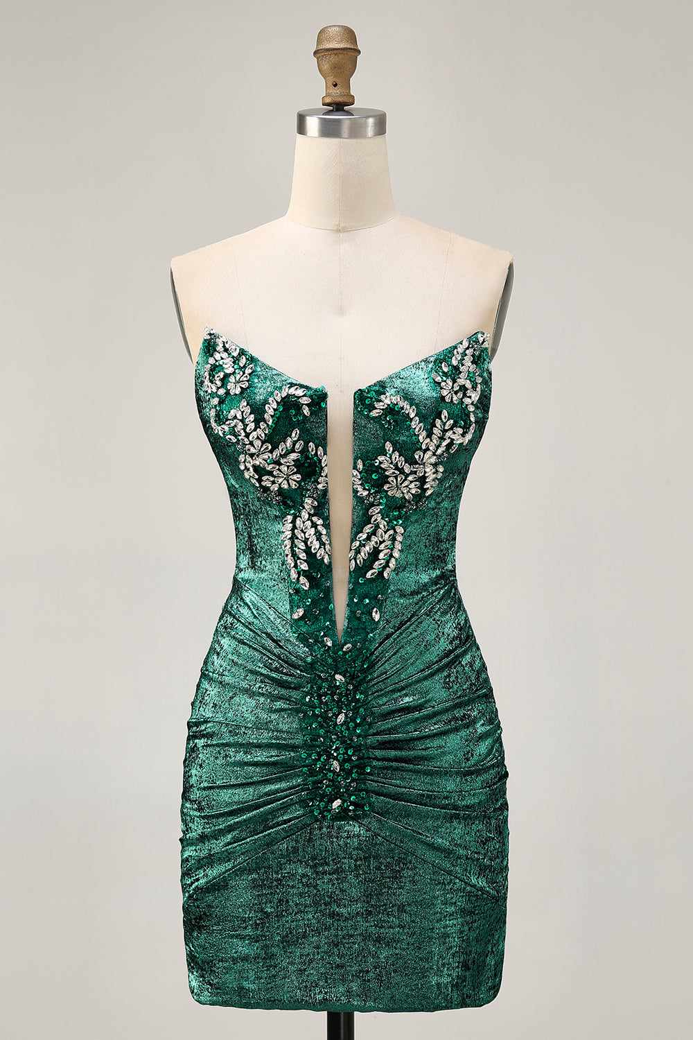 Strapless Green Bodycon Ruched Short Homecoming Dress with Beading