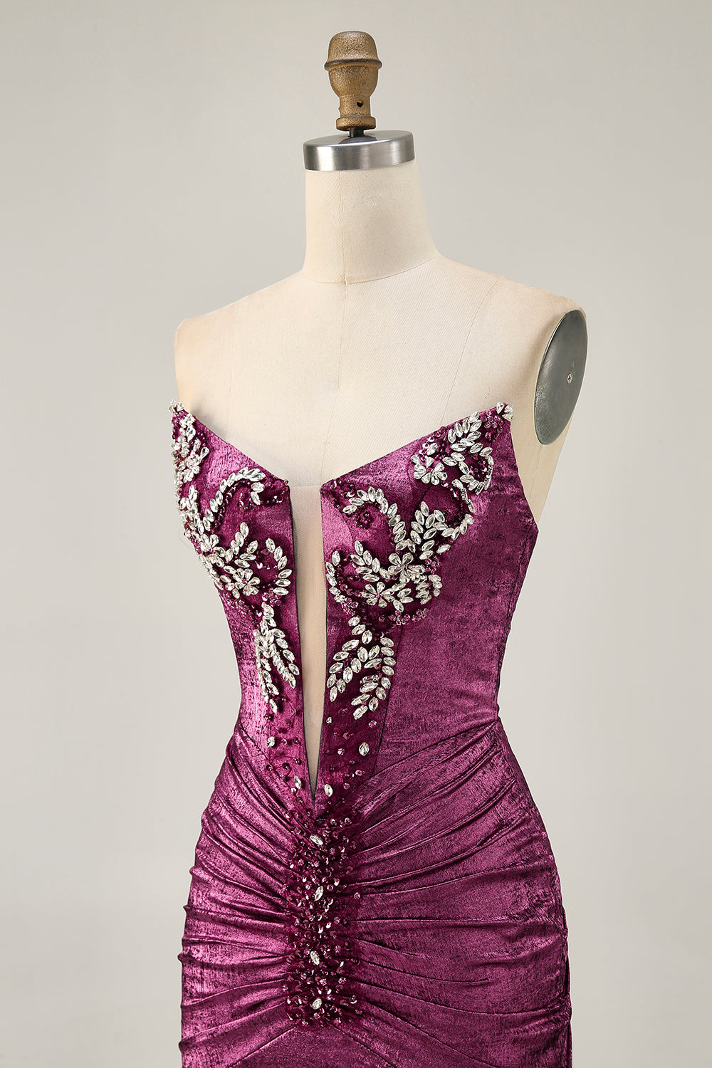 Strapless Bodycon Beaded Grape Homecoming Dress with Rhinestones