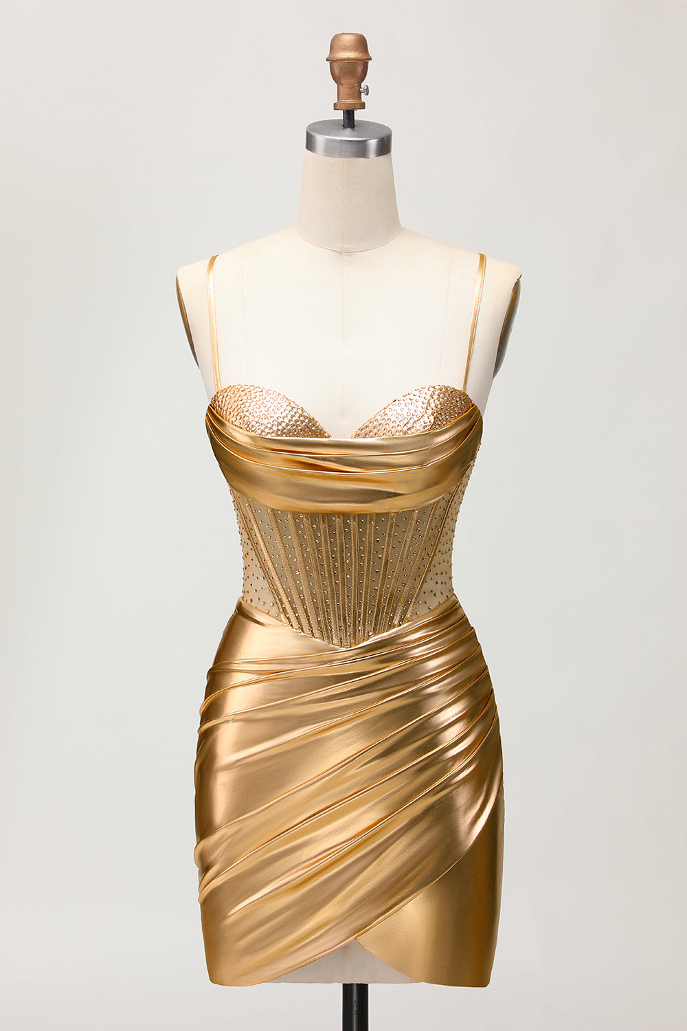 Metallic Satin Ruched Golden Bodycon Corset Homecoming Dress with Beading