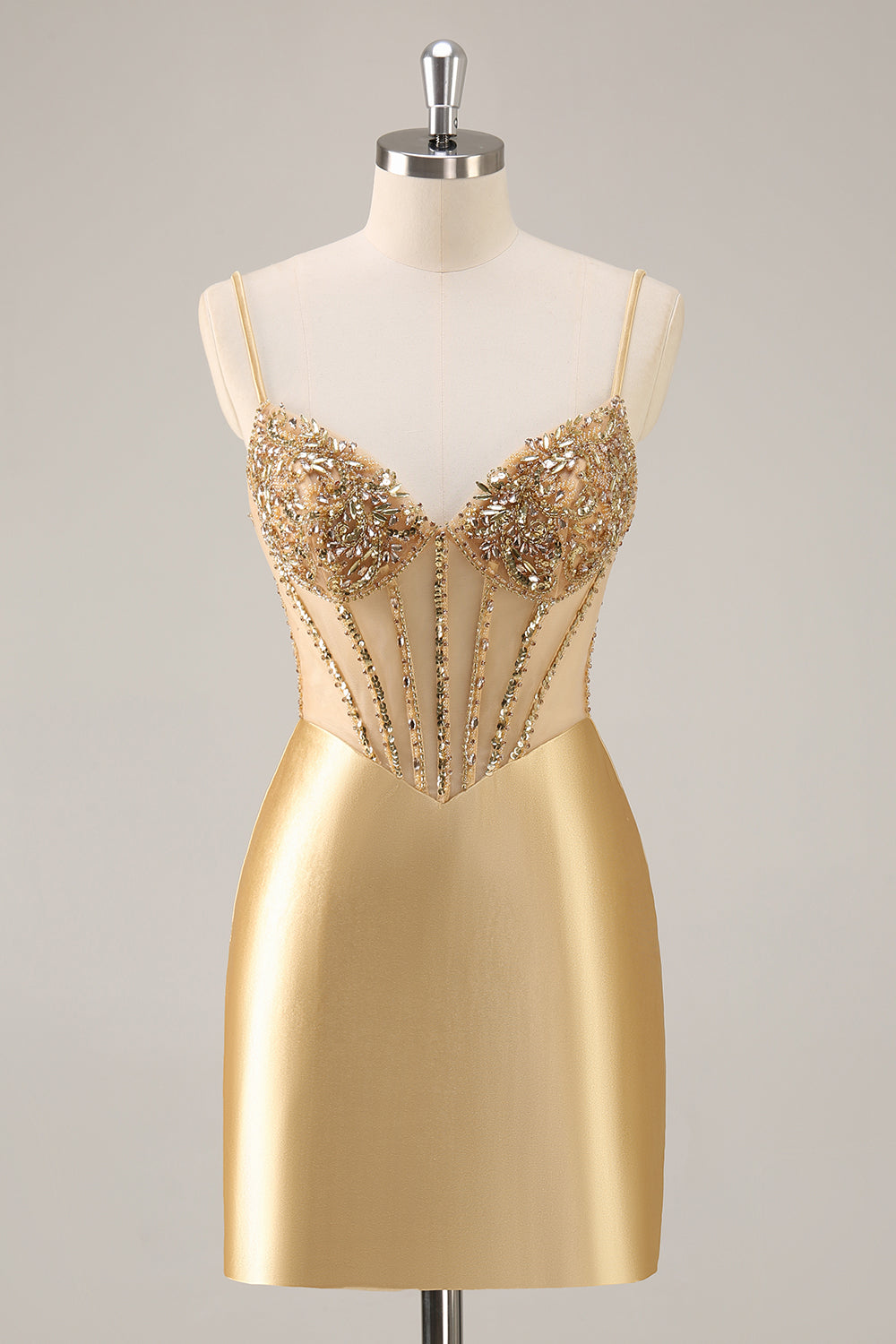 Golden Bodycon Spaghetti Straps Corset Beaded Short Homecoming Dress