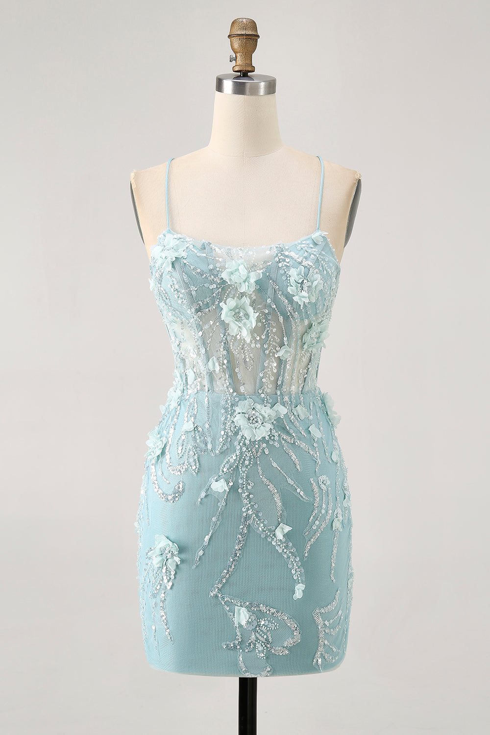 Blue Bodycon Corset Sequins Short Homecoming Dress with 3D Flowers