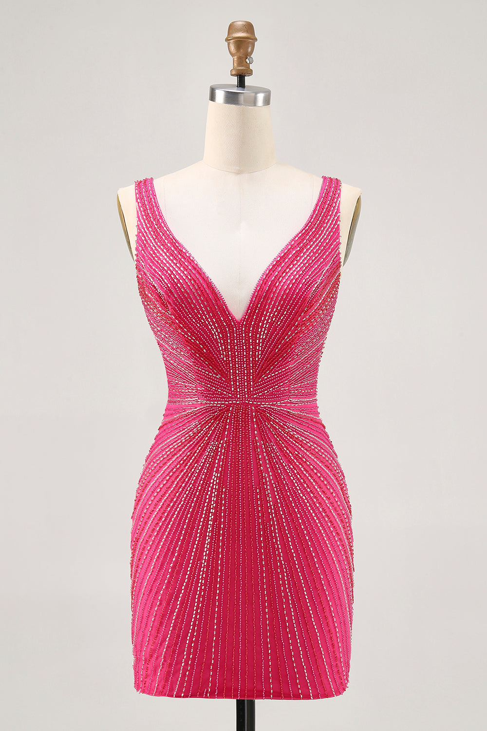 Fuchsia V-Neck Beaded Bodycon Short Homecoming Dress